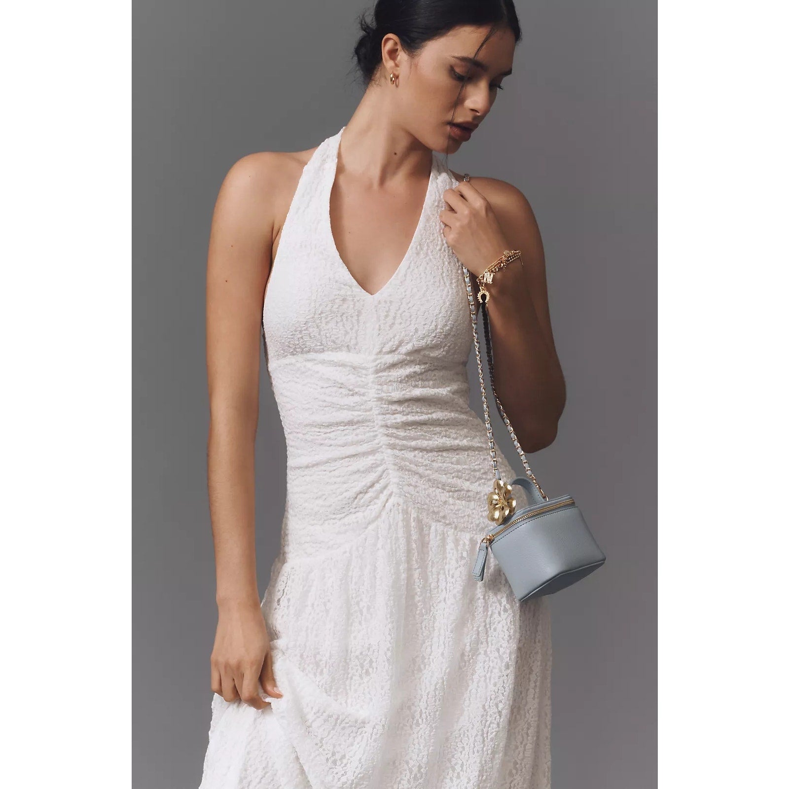 Anthropologie Flat White Plunge Slim Maxi Dress LARGE White HALTER-NECK Anthropologie