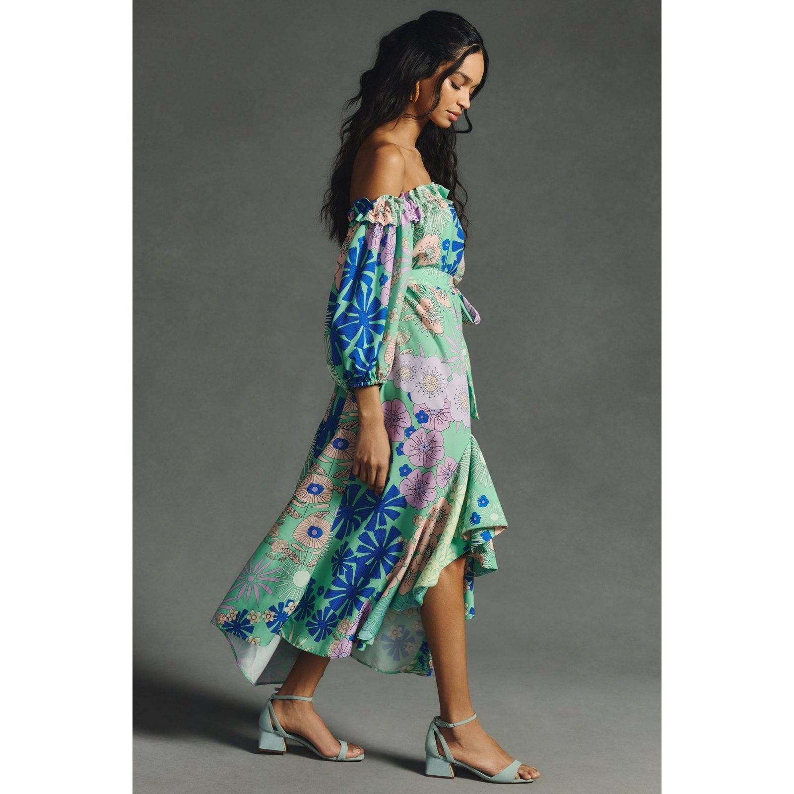 ANTHROPOLOGIE Oopscool Off-The-Shoulder Floral Midi Dress MEDIUM Green Anthropologie