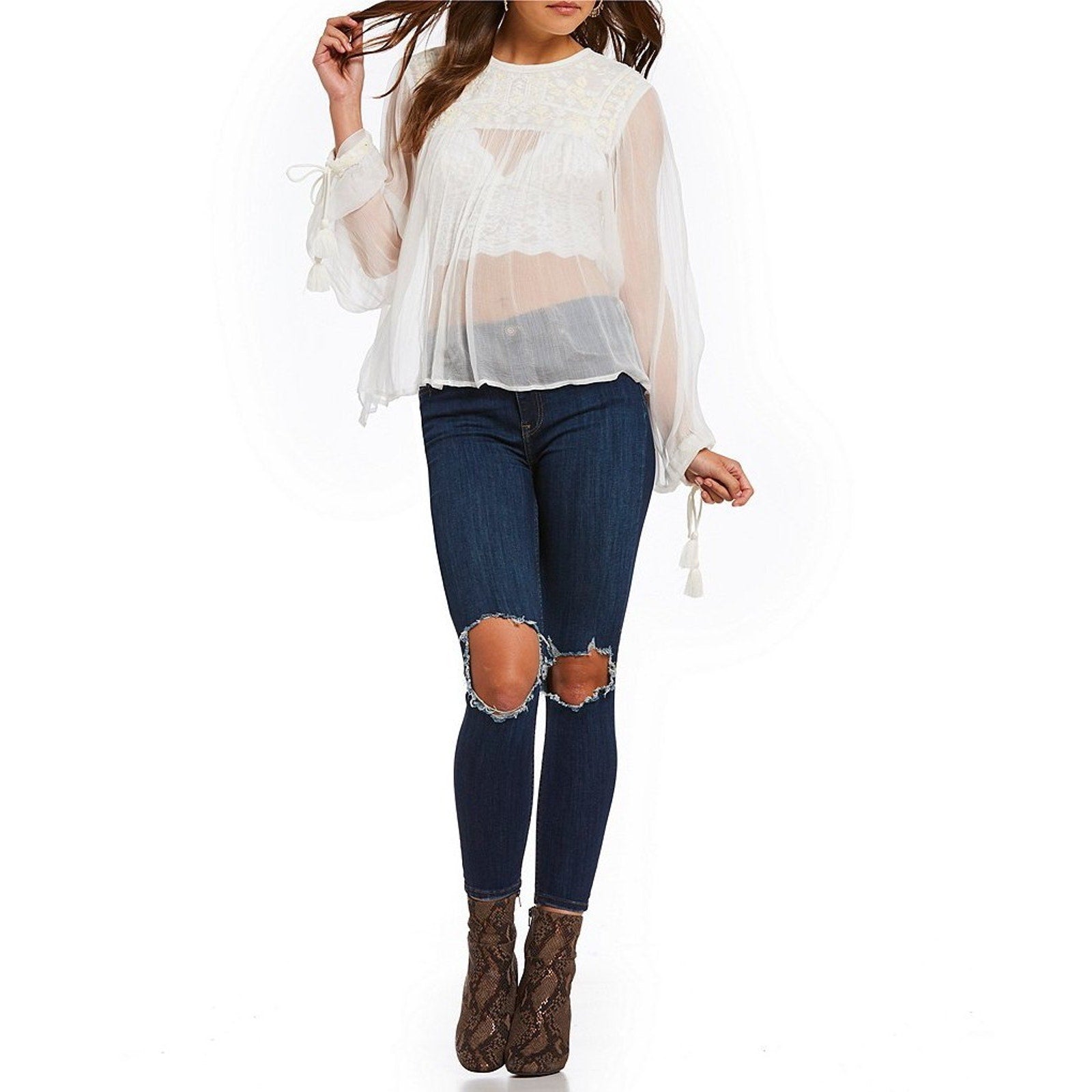 New Free People Retro Femme Sheer Blouse IVORY Retail $98.00 XS