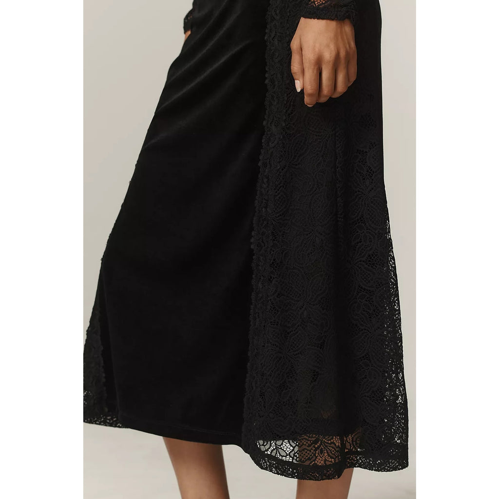 Anthropologie Long-Sleeve Mock-Neck Lace Velvet Slip Midi Dress $170 SMALL