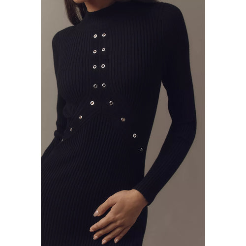 Ribbed knit long-sleeve mock neck sweater midi dress with stud details, dark
