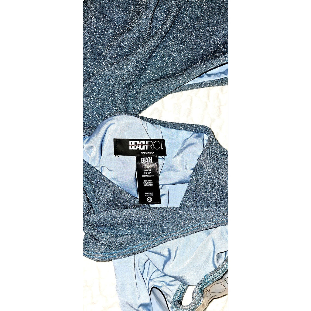 New Free People Beach Riot Celine Shine One-Piece $148  X-SMALL Blue Metallic