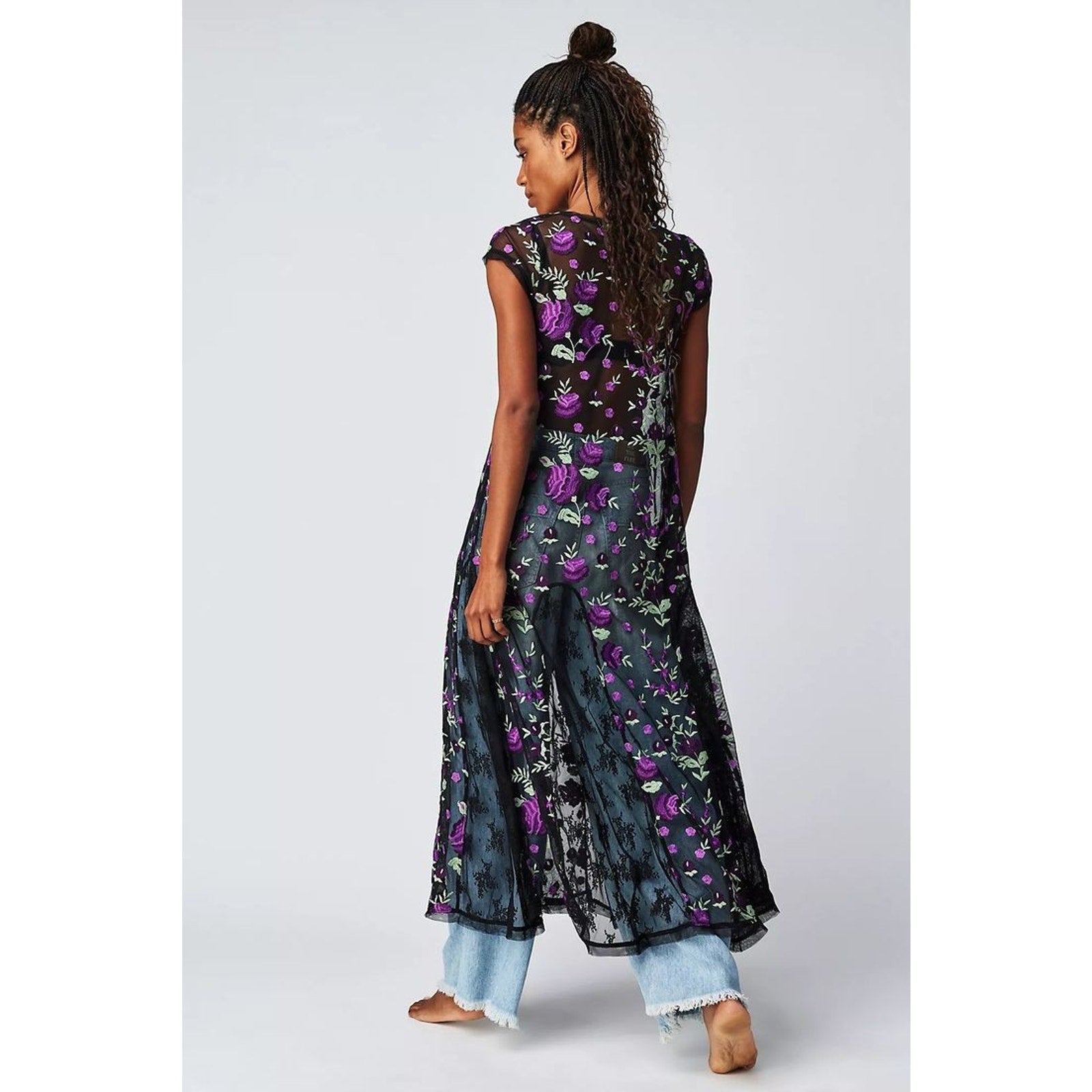 New Free People Sky Bright Floral Midi Dress $228 MEDIUM Black/Purple Sheer Mesh
