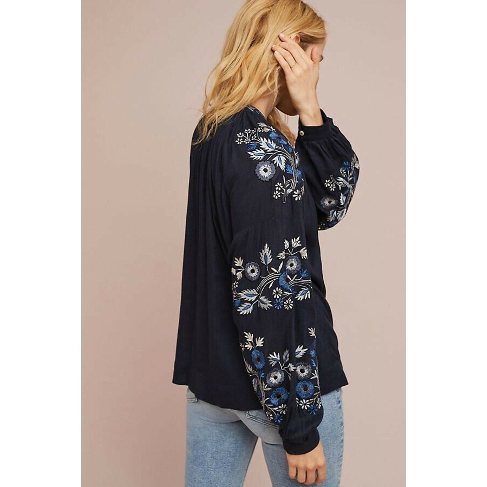 New Anthropologie Tasseled Embroidered Floral Jacket by Ranna Gill $158 Blue XS