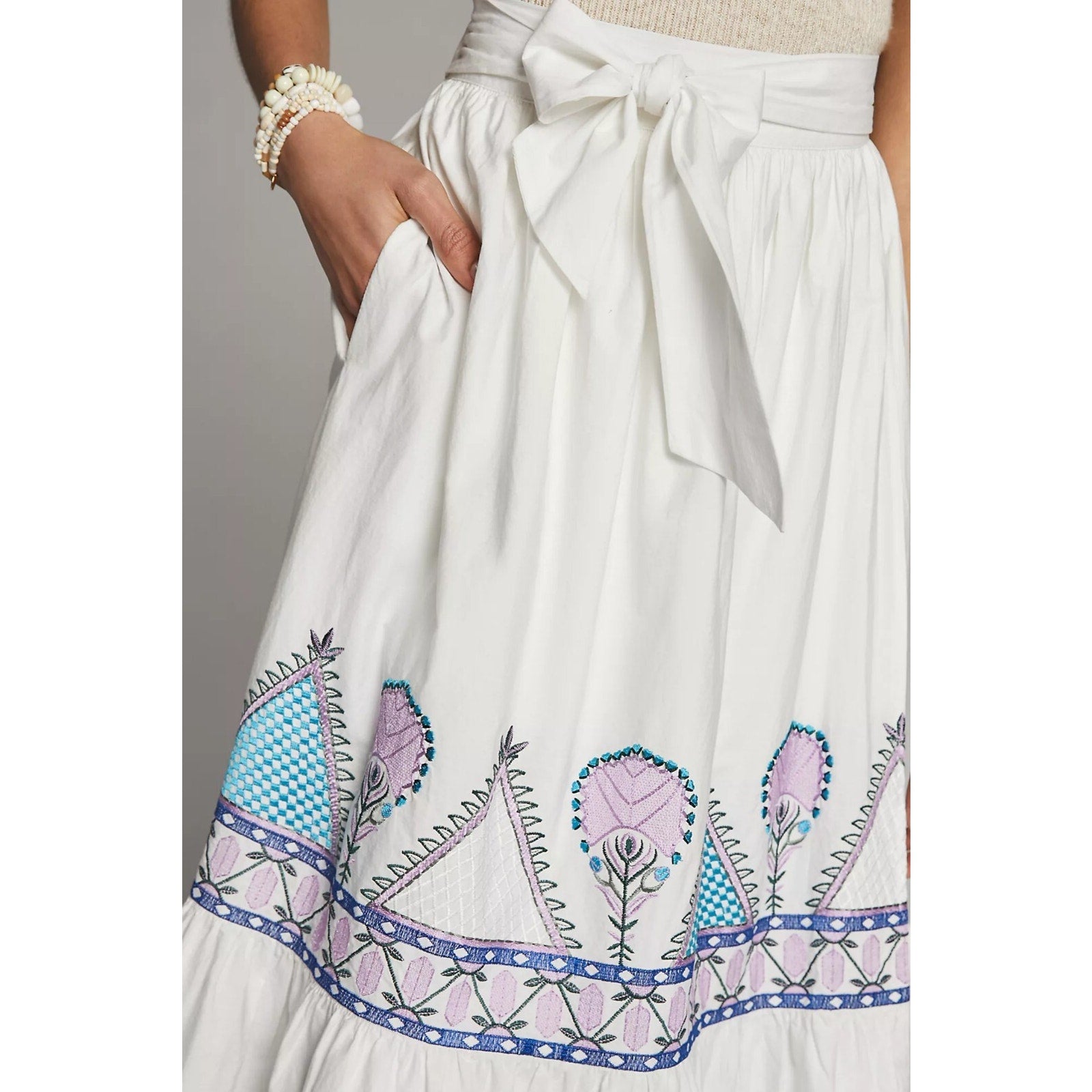 NEW Anthropologie Magda Geo Embroidered Midi Skirt Size XS White
