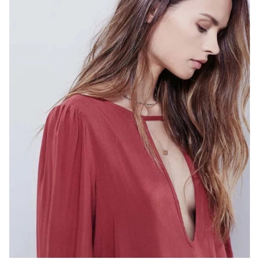 New Free People Made In Philadelphia Beck Long Sleeve Mini Dress $128 Medium Red