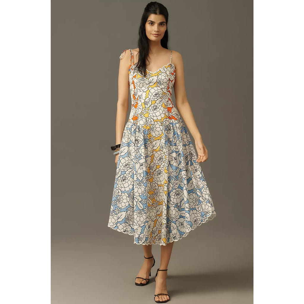 Farm Rio x Anthropologie Basque-Waist Midi Dress SMALL Yellow Motif FARM Rio