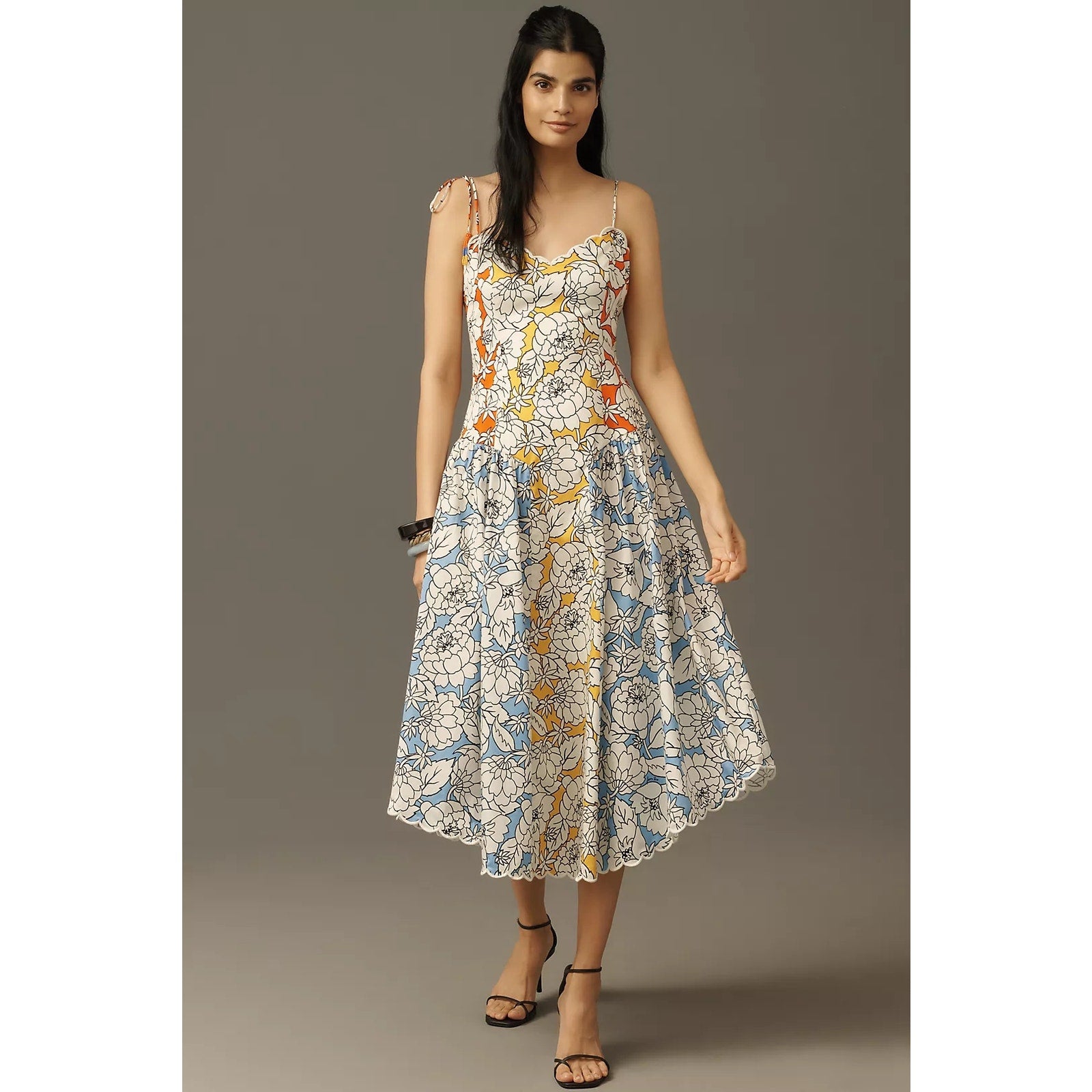 Farm Rio x Anthropologie Basque-Waist Midi Dress SMALL Yellow Motif FARM Rio