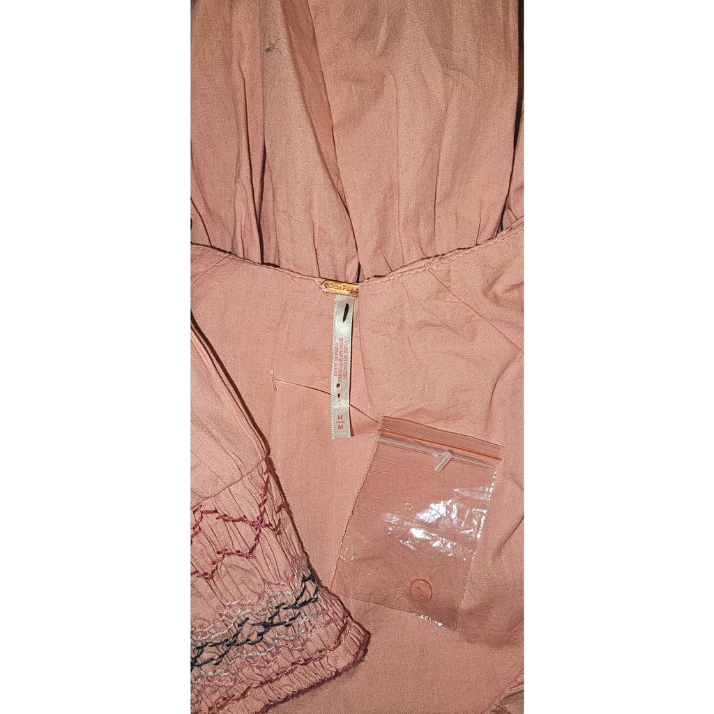 New Free People Where We Meet Smocked Blouse $128 MEDIUM Rose Blush Pink Cropped