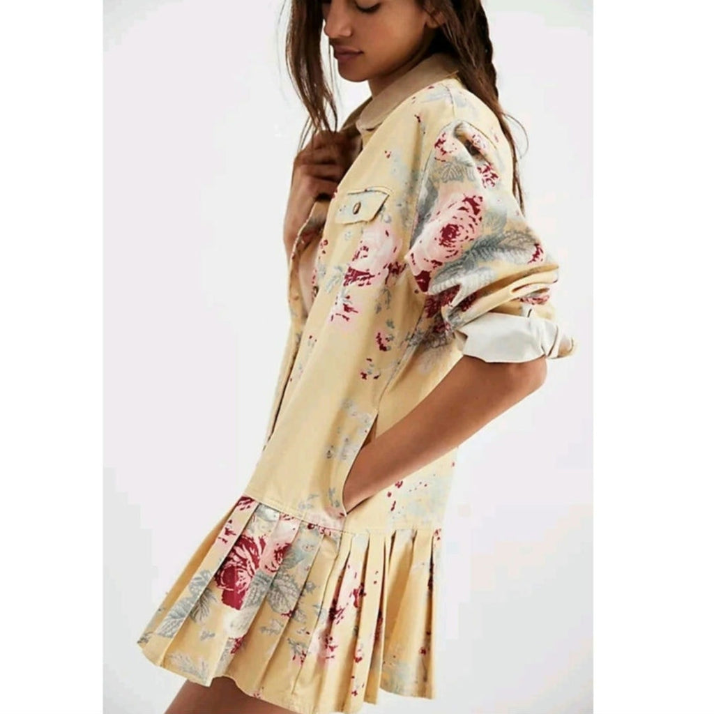New Free People Connor Floral Printed Mini Dress $168 X-SMALL Yellow Boho Button