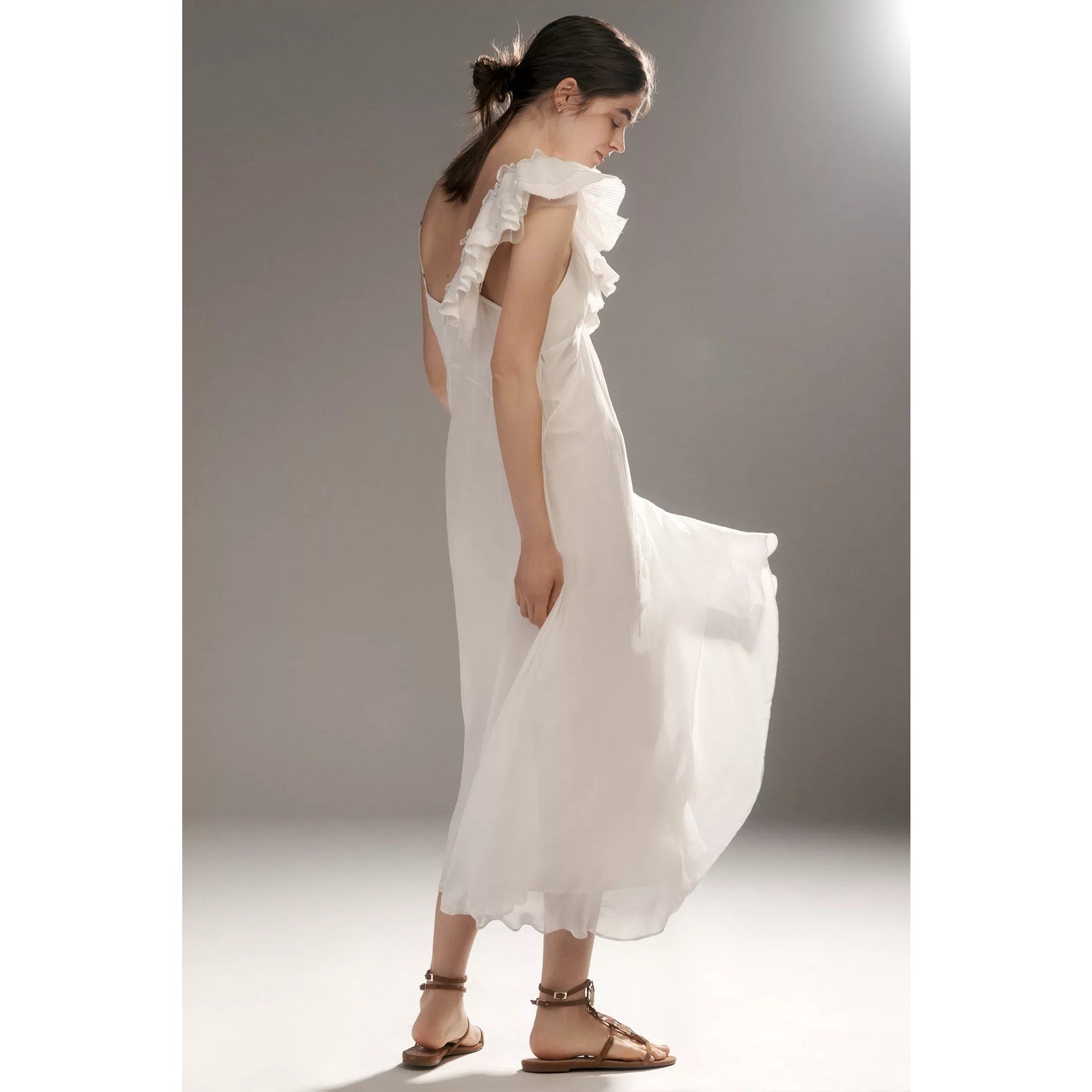 Anthropologie Let Me Be Asymmetric 3D Floral Midi Dress SMALL White Anthropologie