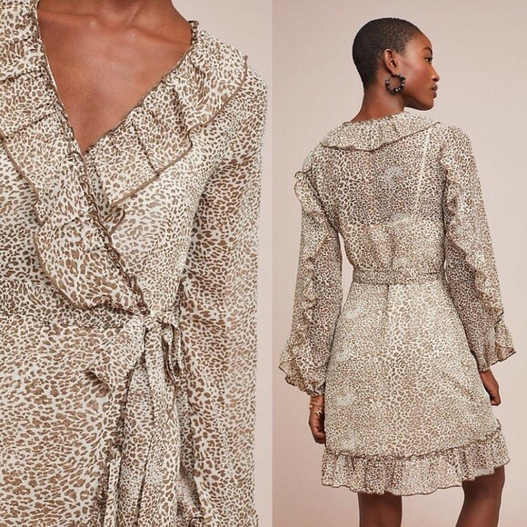 NEW Anthropologie $160 Ruffled Leopard Dress By Ranna Gill Size XS