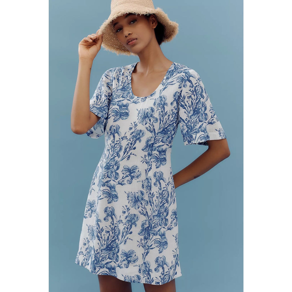ANTHROPOLOGIE Porridge Short-Sleeve Crew-Neck Linen Printed Mini Dress Anthropologie