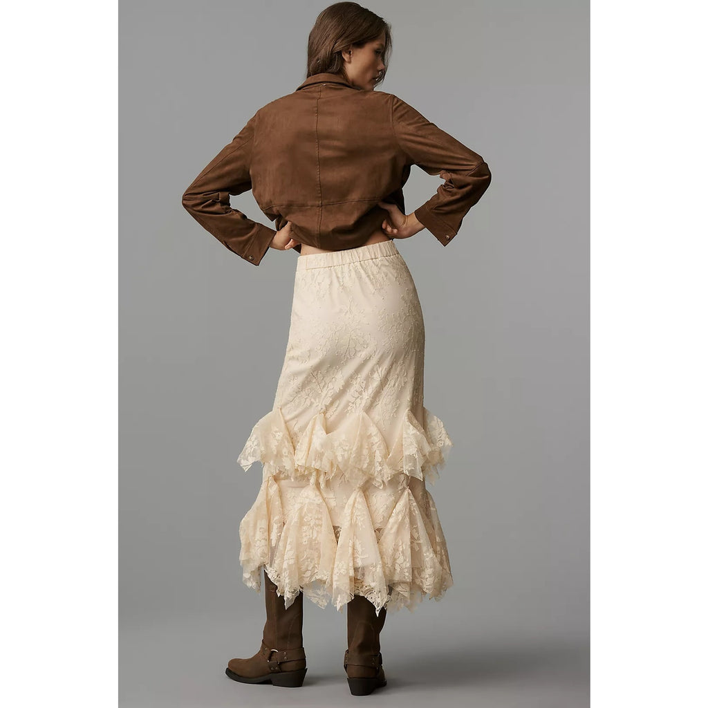 Anthropologie Mare Mare Lace Tiered Midi Skirt $258 X-SMALL Tan BOHO CHIC