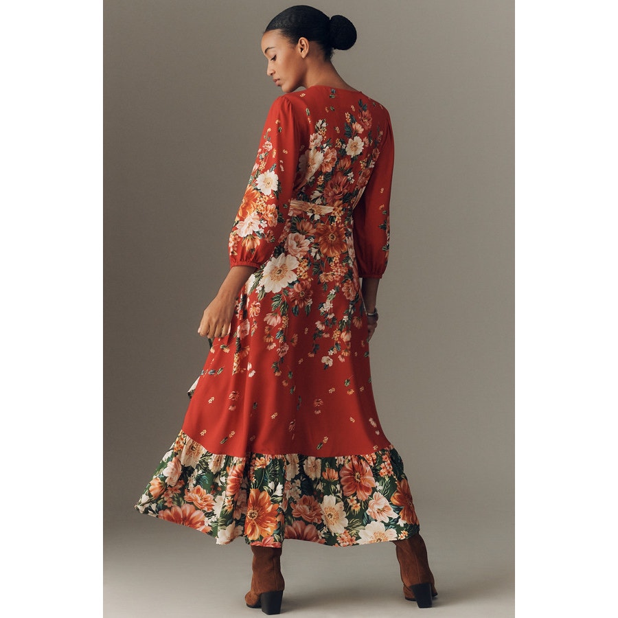 Anthropologie Farm Rio Long-Sleeve Floral Wrap Midi Dress X-SMALL Red FARM Rio