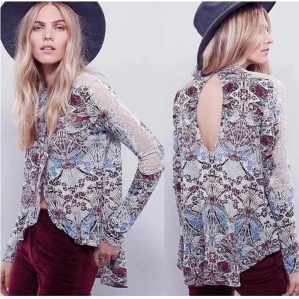 New Free People Snow Combo Long Sleeve Tulip Top $88 XS Boho Lace Applique
