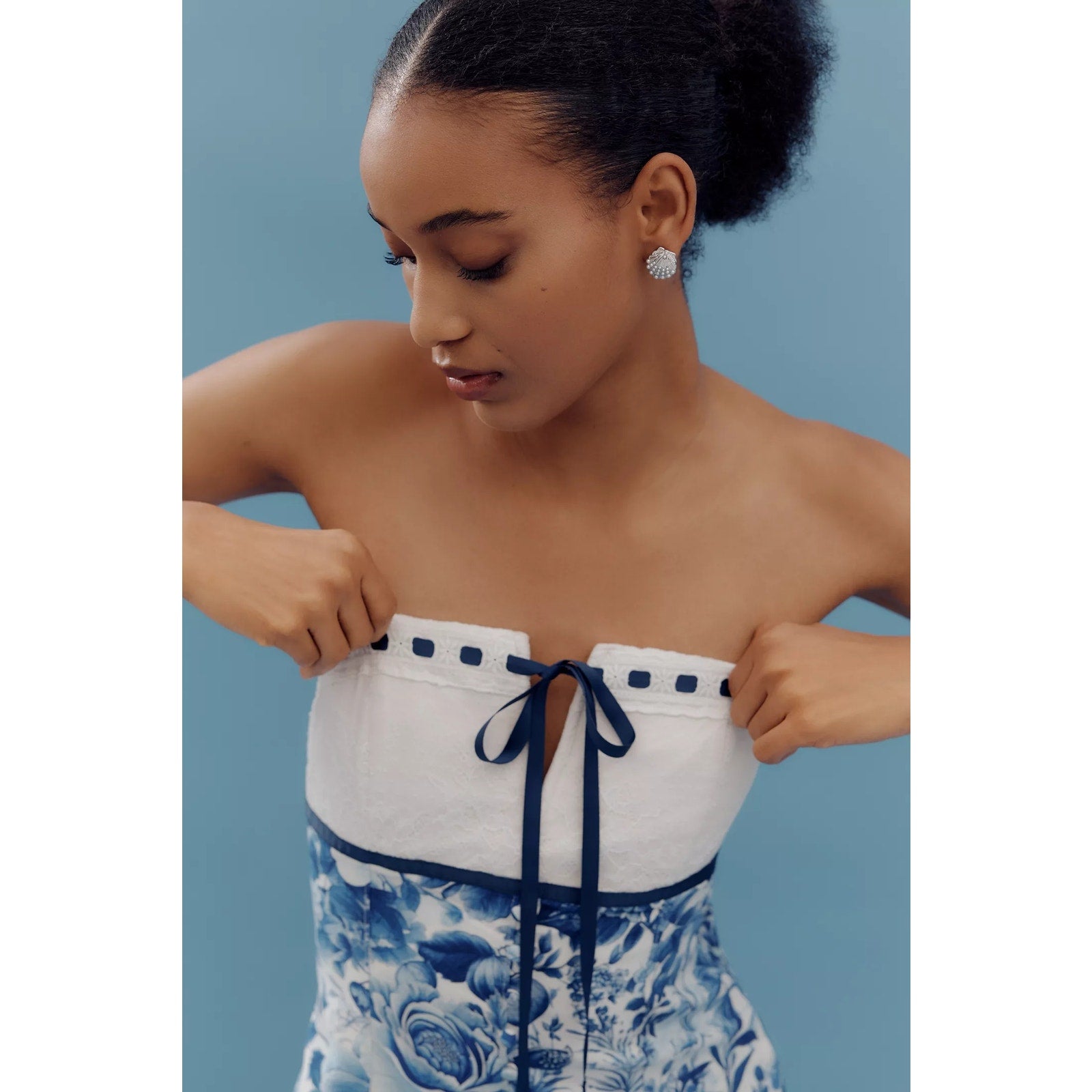 Anthropologie Maeve Strapless Tie-Front Mini Dress X-Large Blue Floral Anthropologie