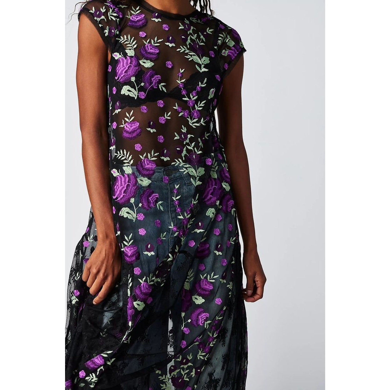 New Free People Sky Bright Floral Midi Dress $228 MEDIUM Black/Purple Sheer Mesh