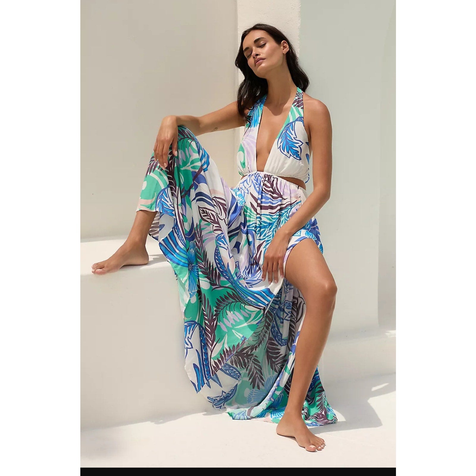 New By Anthropologie Plunge Cutout Maxi Dress $118 LARGE Halter Blue Tropical
