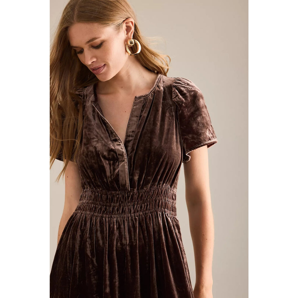 Chocolate velvet maxi dress with V-neck placket, short sleeves, and smocked waist