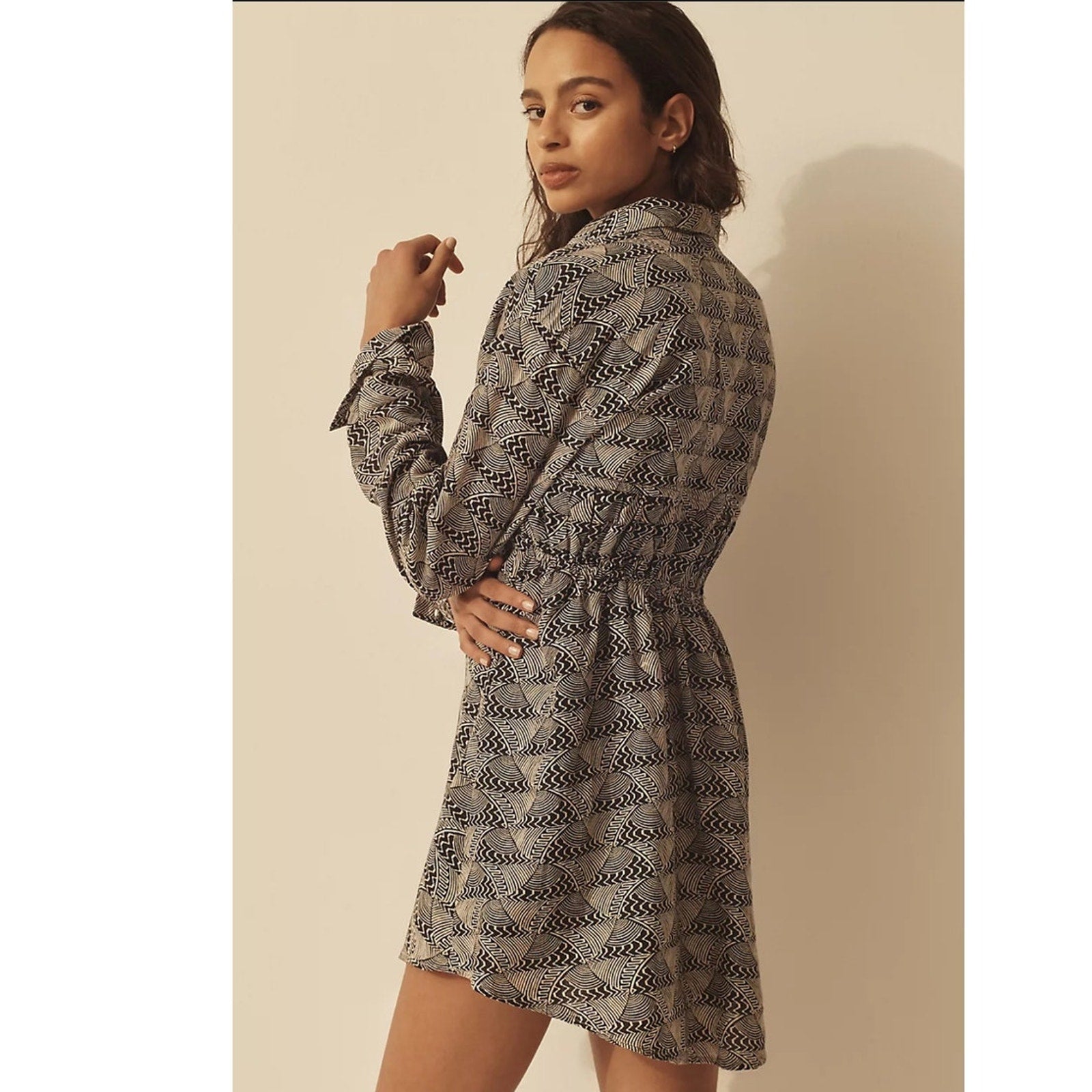 Anthropologie Long-Sleeve Collared Mini Dress $148 Medium Petite Ivory