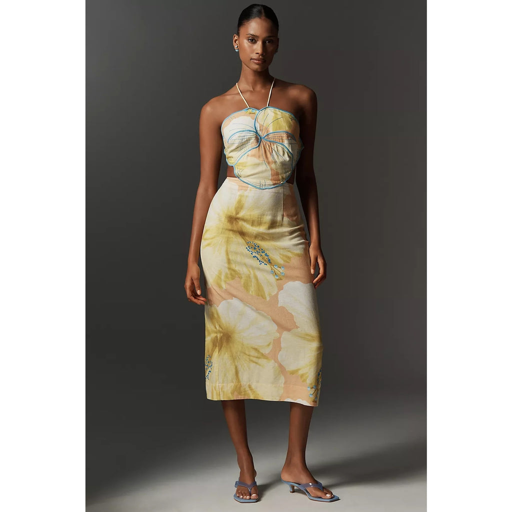 Farm Rio x Anthropologie Floral Printed Linen Blend Halter Midi Dress L FARM Rio for Anthropologie