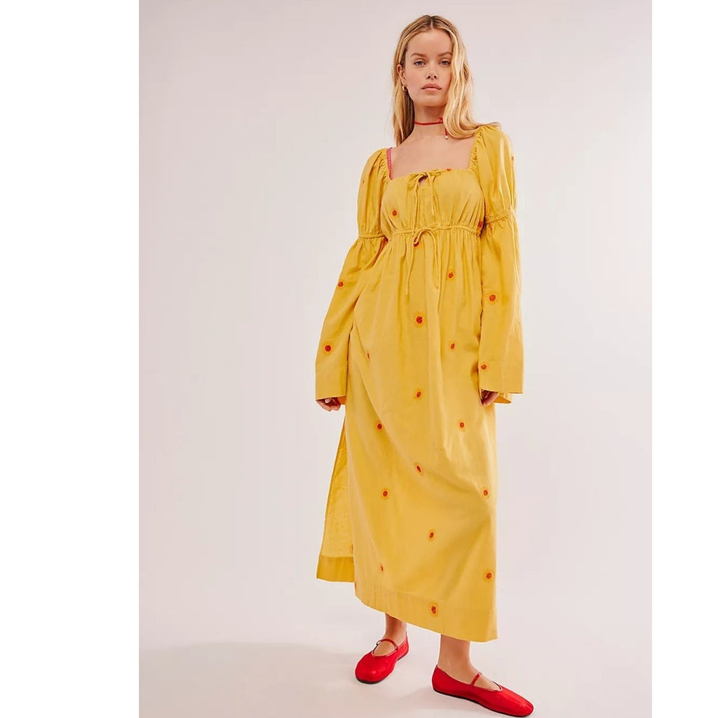 Free People Emory Embroidered Midi Dress $168 SMALL Yellow