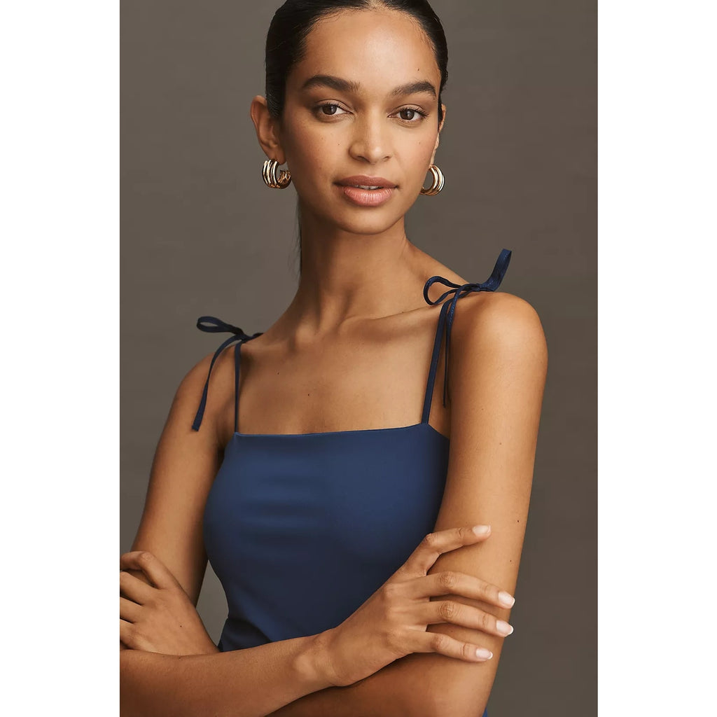 Anthropologie Square-Neck Twofer Midi Dress X-SMALL Navy/Brown Anthropologie