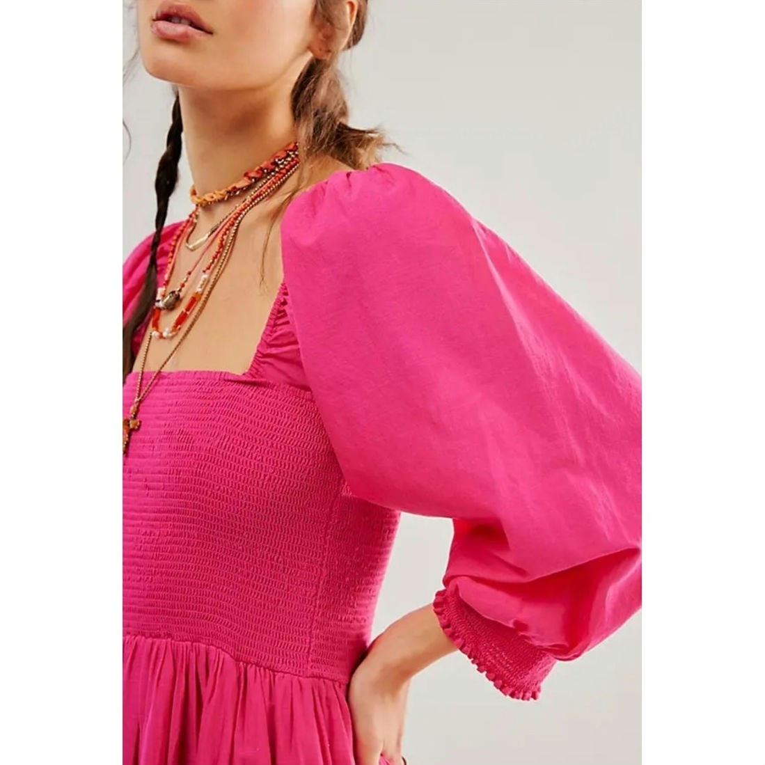 New FREE PEOPLE Perfect Storm Boho Midi Dress  $168 X-SMALL Pink Smocked