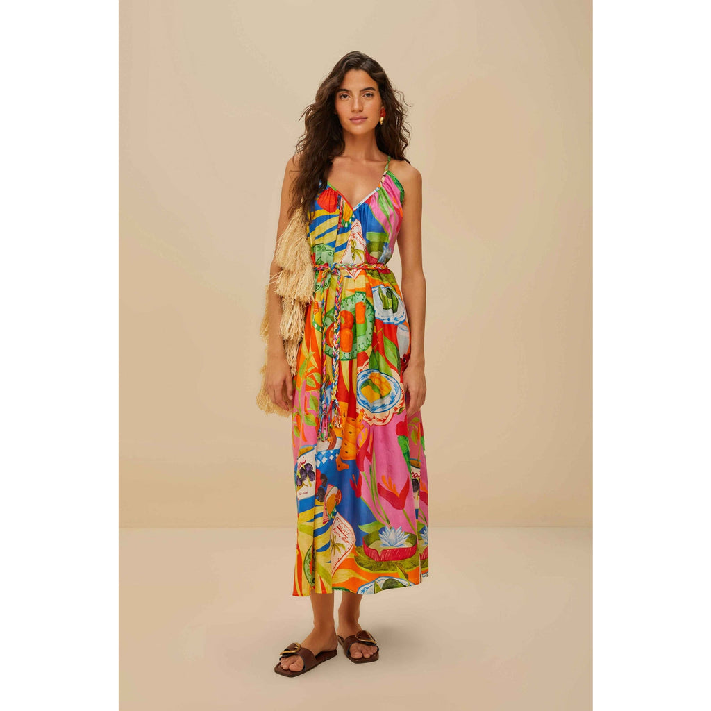 Anthropologie Farm Rio Summer Picnic Sleeveless V-Neck Midi Dress MEDIUM Anthropologie