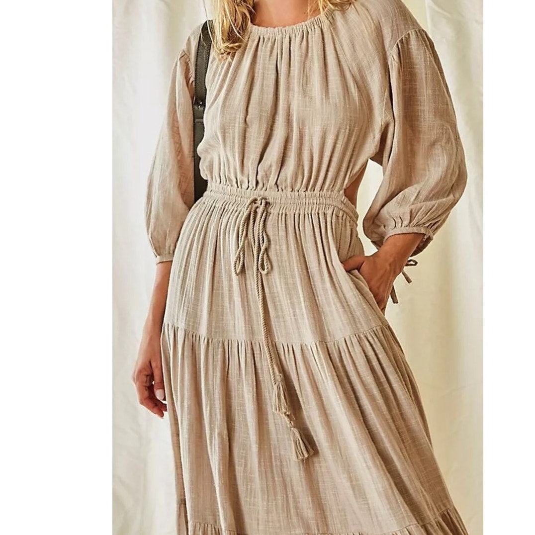 New Free People Ibiza Sun Dress MIDI $118 SMALL Mushroom Boho Tiered