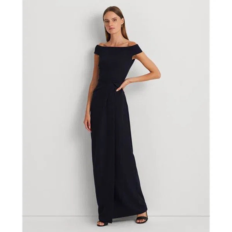 Navy off-shoulder crepe gown with fitted bodice and floor-length column skirt