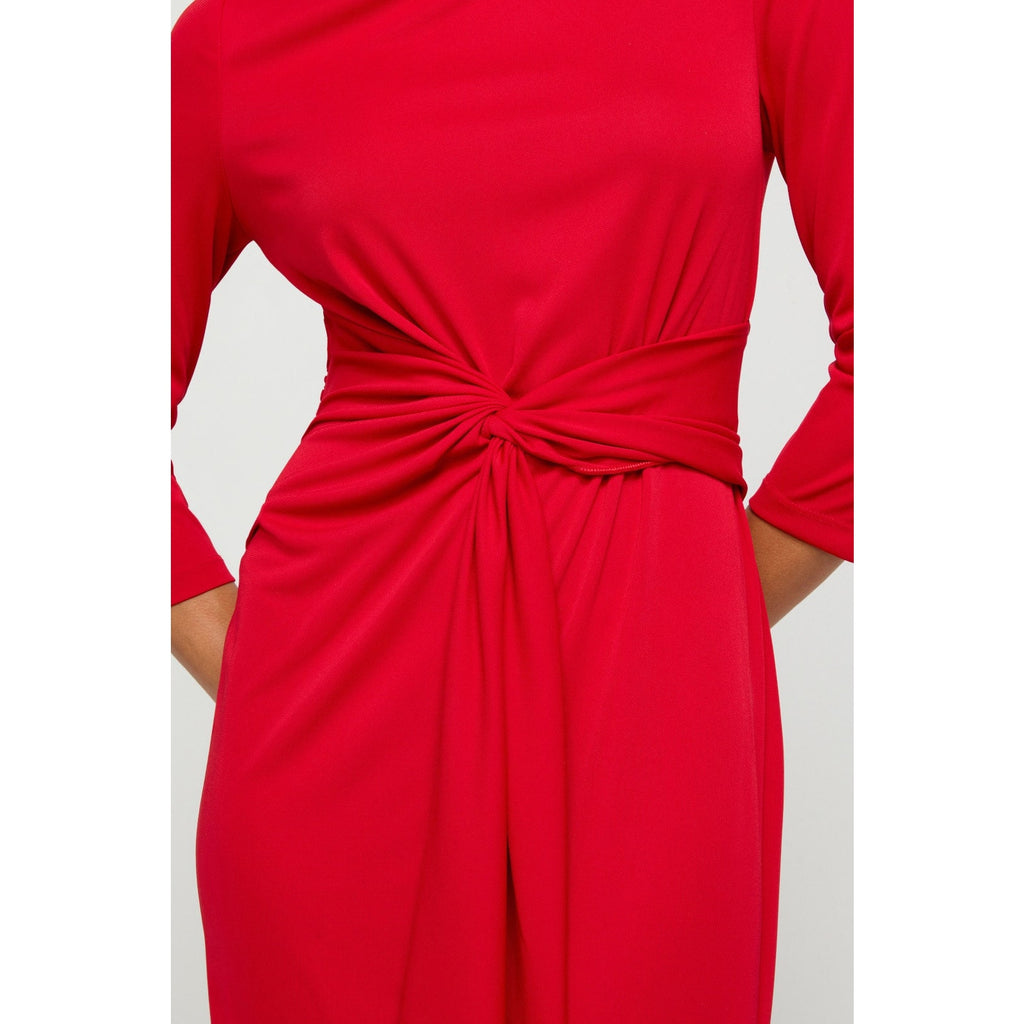 Red midi dress with twisted front knot at the waist