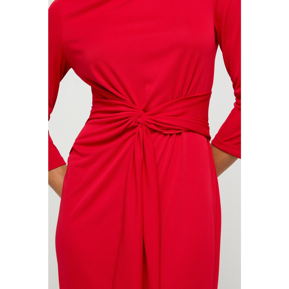Red midi dress with twisted front knot at the waist
