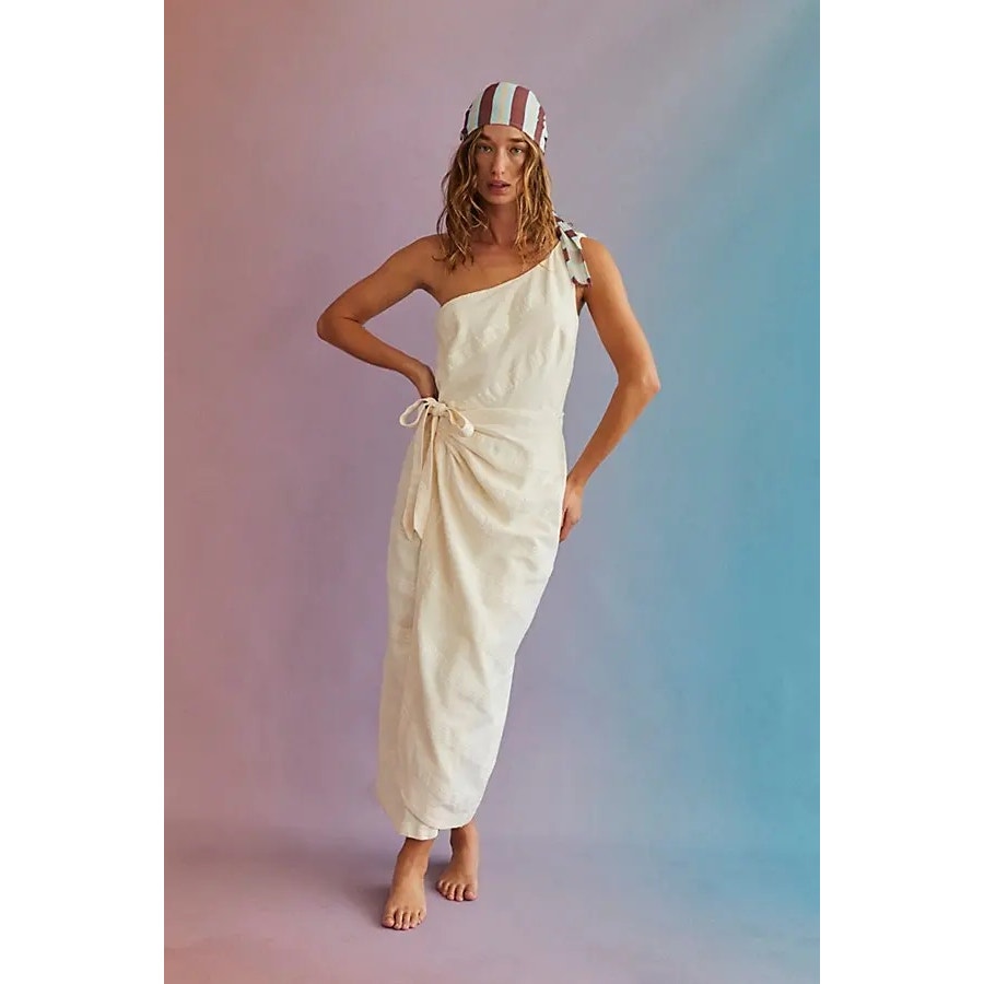 FREE PEOPLE At Leisure Midi Wrap Dress ONE SHOULDER SMALL Wet Plaster Free People