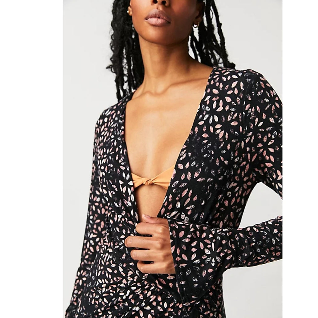New Free People Shayla Wrap Midi Dress $128  LARGE  Black and Pink Combo V-neck