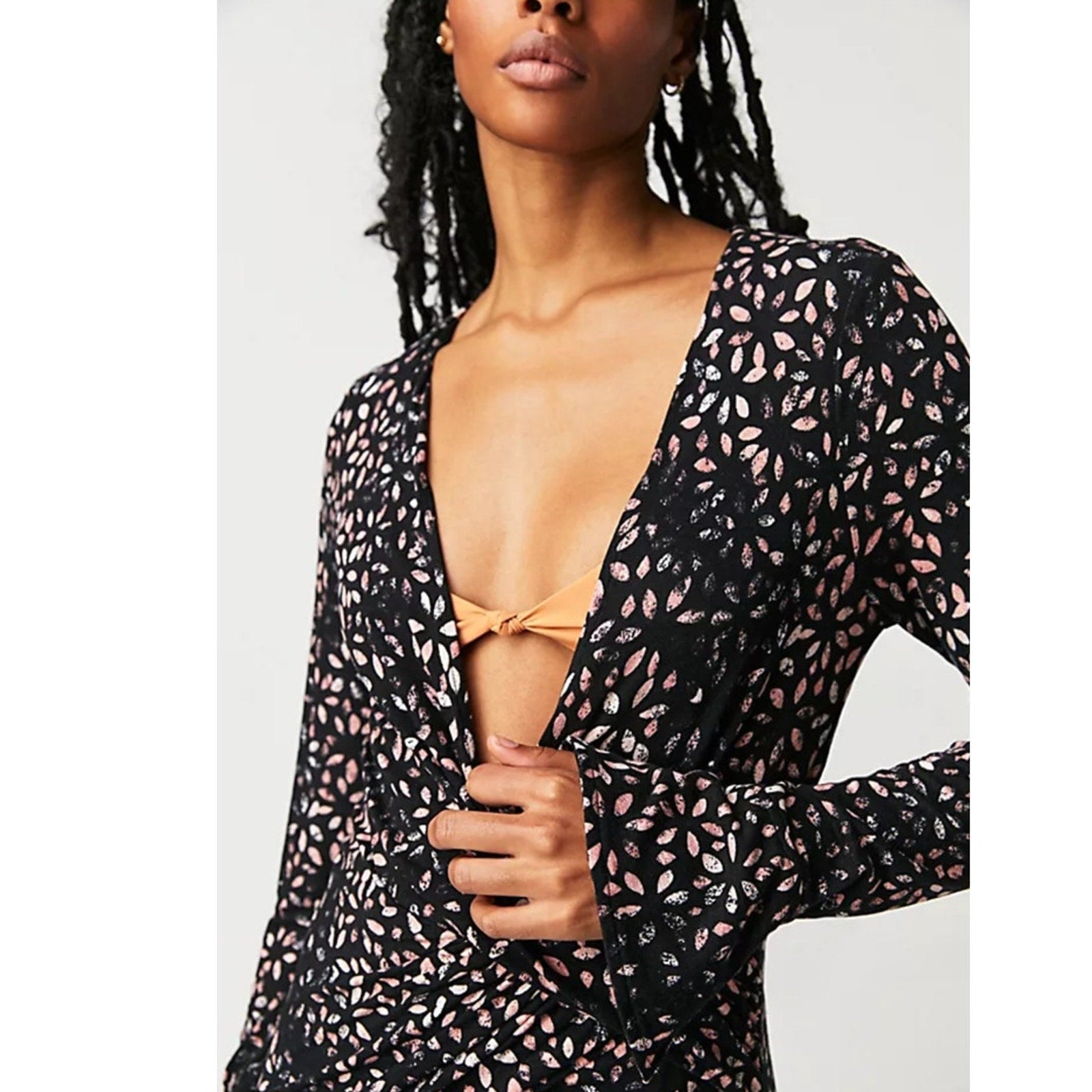 New Free People Shayla Wrap Midi Dress $128  LARGE  Black and Pink Combo V-neck