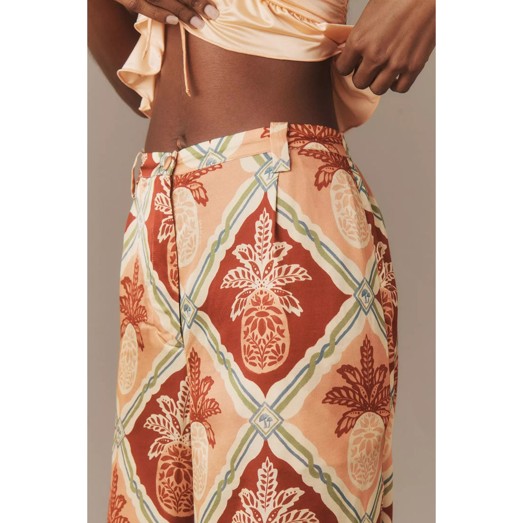 New Farm Rio x Anthropologie Pineapple Satin Wide-Leg Pants $188 X-SMALL Red