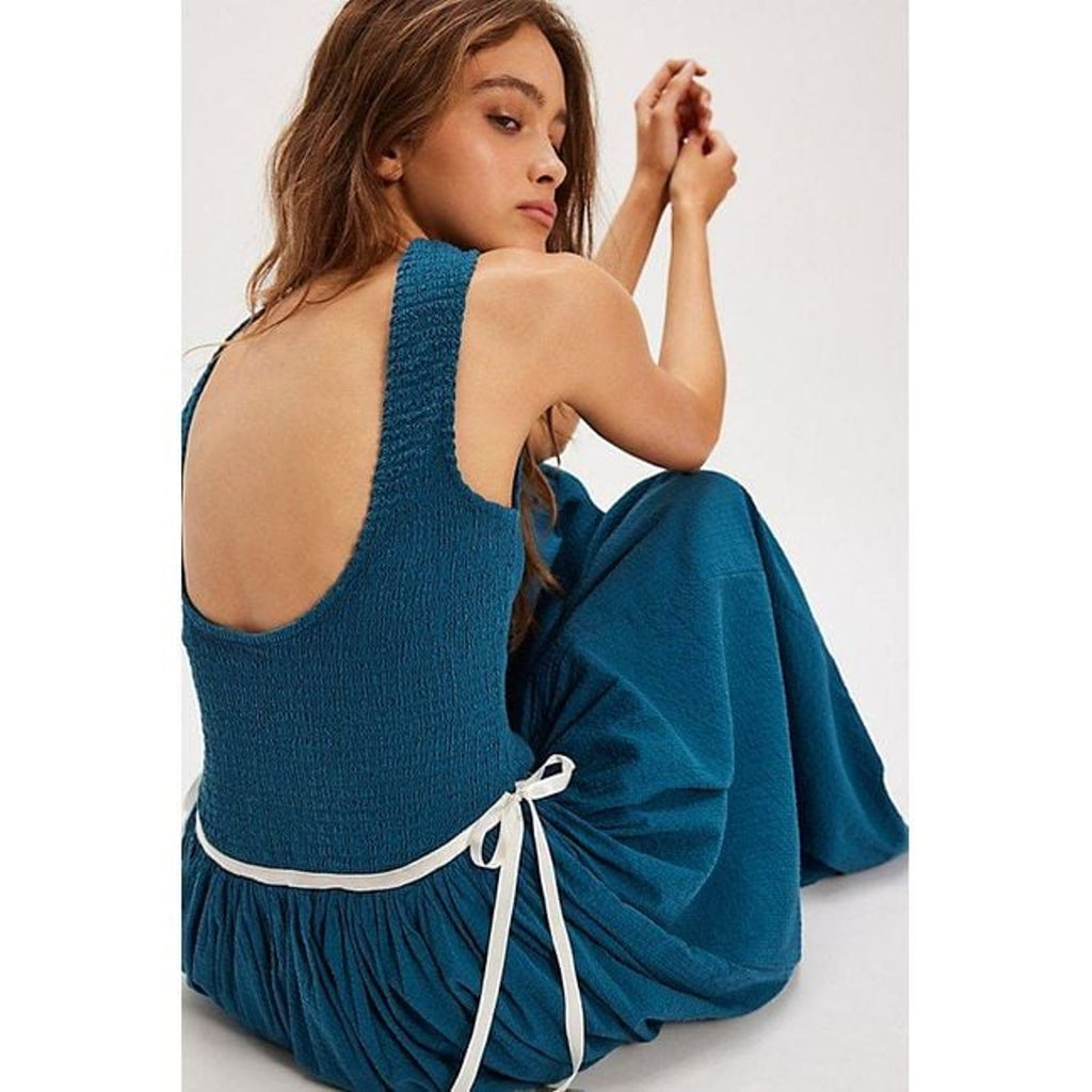 FREE PEOPLE Nightingale Seersucker Midi Dress MEDIUM Seaside Combo BLUE Free People