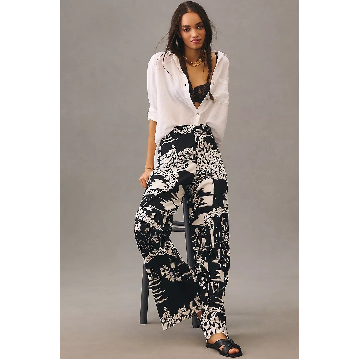 New ANTHROPOLOGIE Tiny Anne Printed Wide-Leg Pants $160 SIZE 2 Black Motif