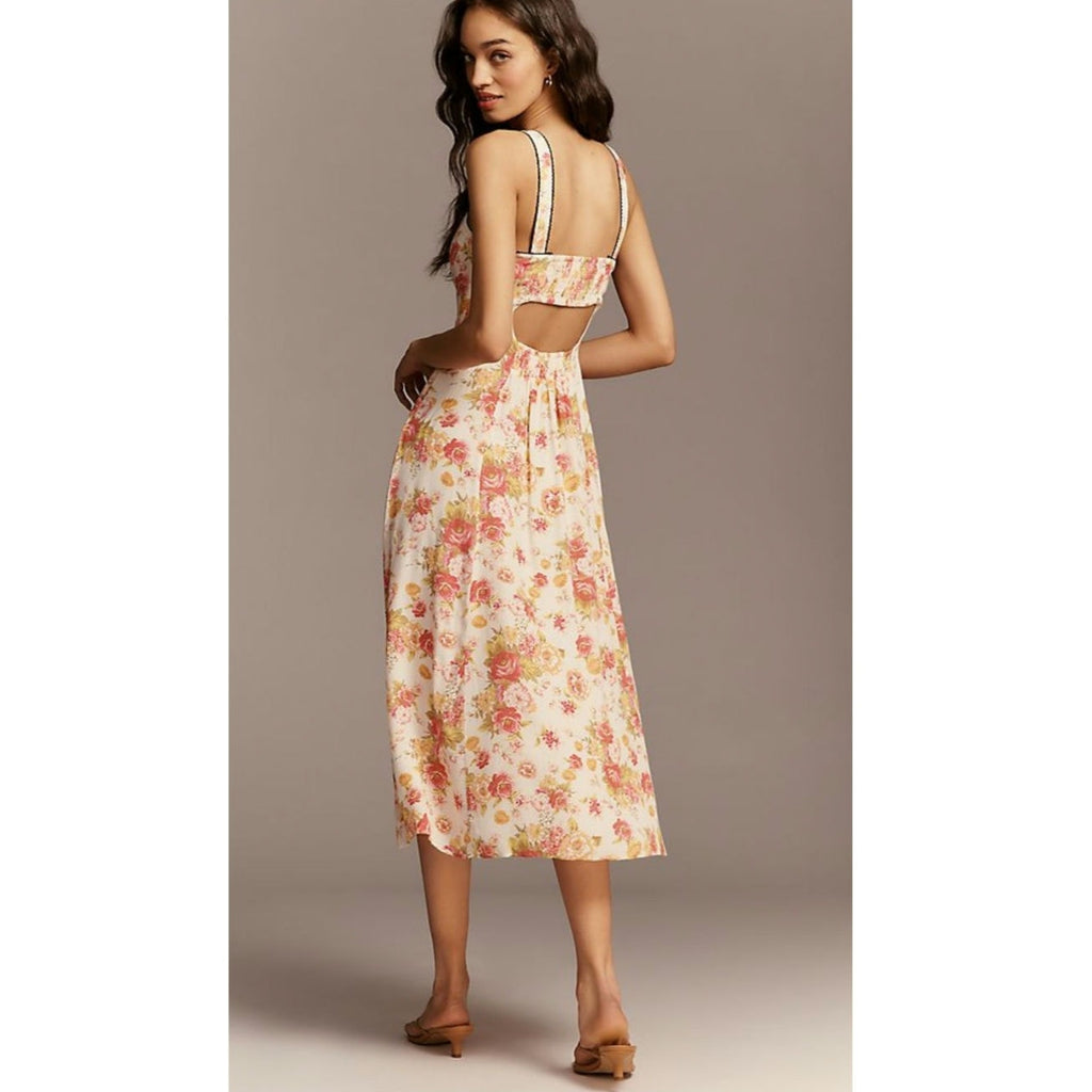 Anthropologie Maeve Sweetheart Printed Midi Dress LARGE Ivory & Pink Anthropologie