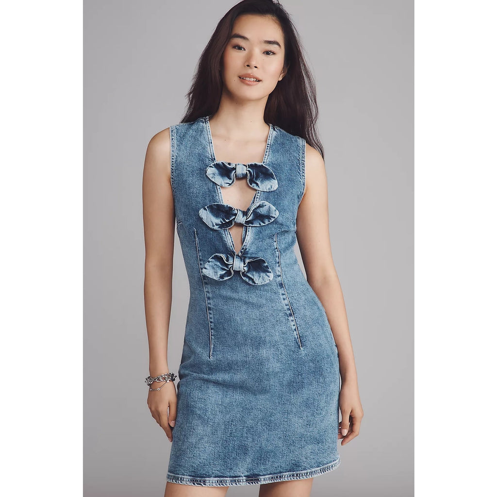 New ANTHROPOLOGIE Baum und Pferdgarten Ajki Bow Denim Mini Dress $249 SIZE 8