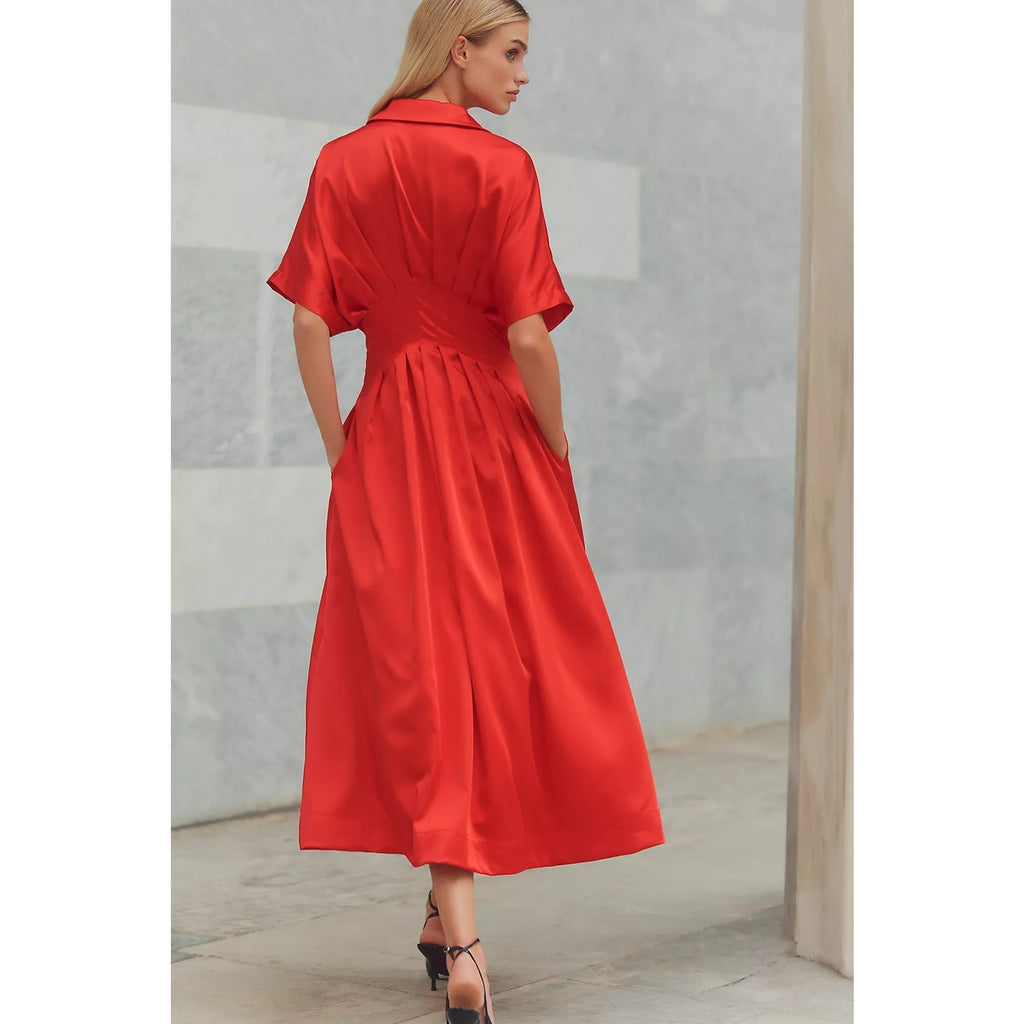 Anthropologie The Tobie Satin Shirt Dress by Exquise SMALL Red Anthropologie