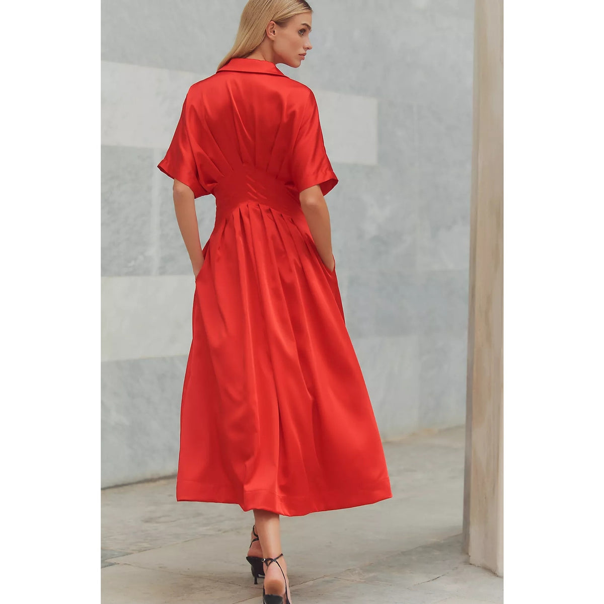 Anthropologie The Tobie Satin Shirt Dress by Exquise SMALL Red Anthropologie
