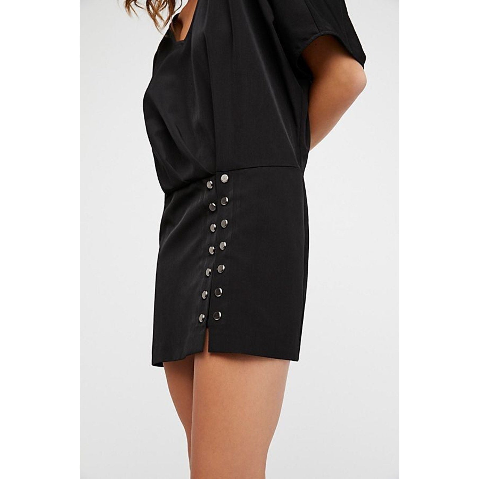 New Free People Harper Mini Dress $128 BLACK Size 6 Metal Studded Buttons