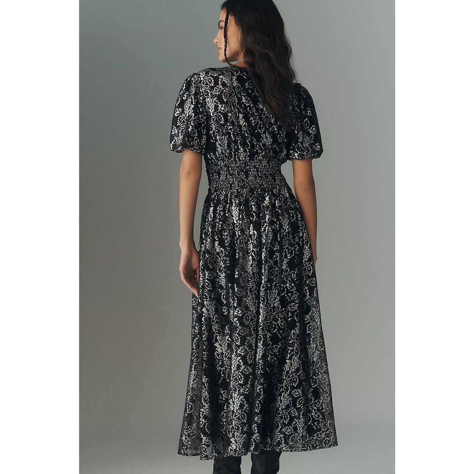 Anthropologie The Katerina Metallic Lace Button-Front Dress SMALL Black Anthropologie