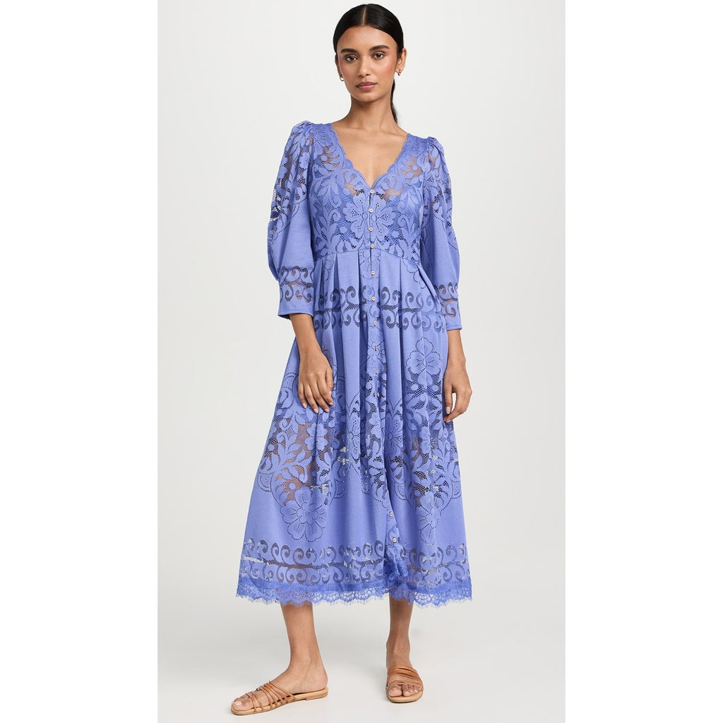 New FREE PEOPLE Shadow Dance Midi Dress $198 X-SMALL Blue PERSIAN JEWEL