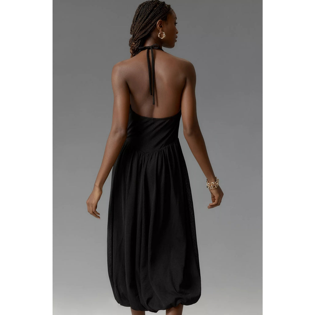 Anthropologie Cowl-Neck Bubble-Hem Midi Dress Size 12 Black Anthropologie