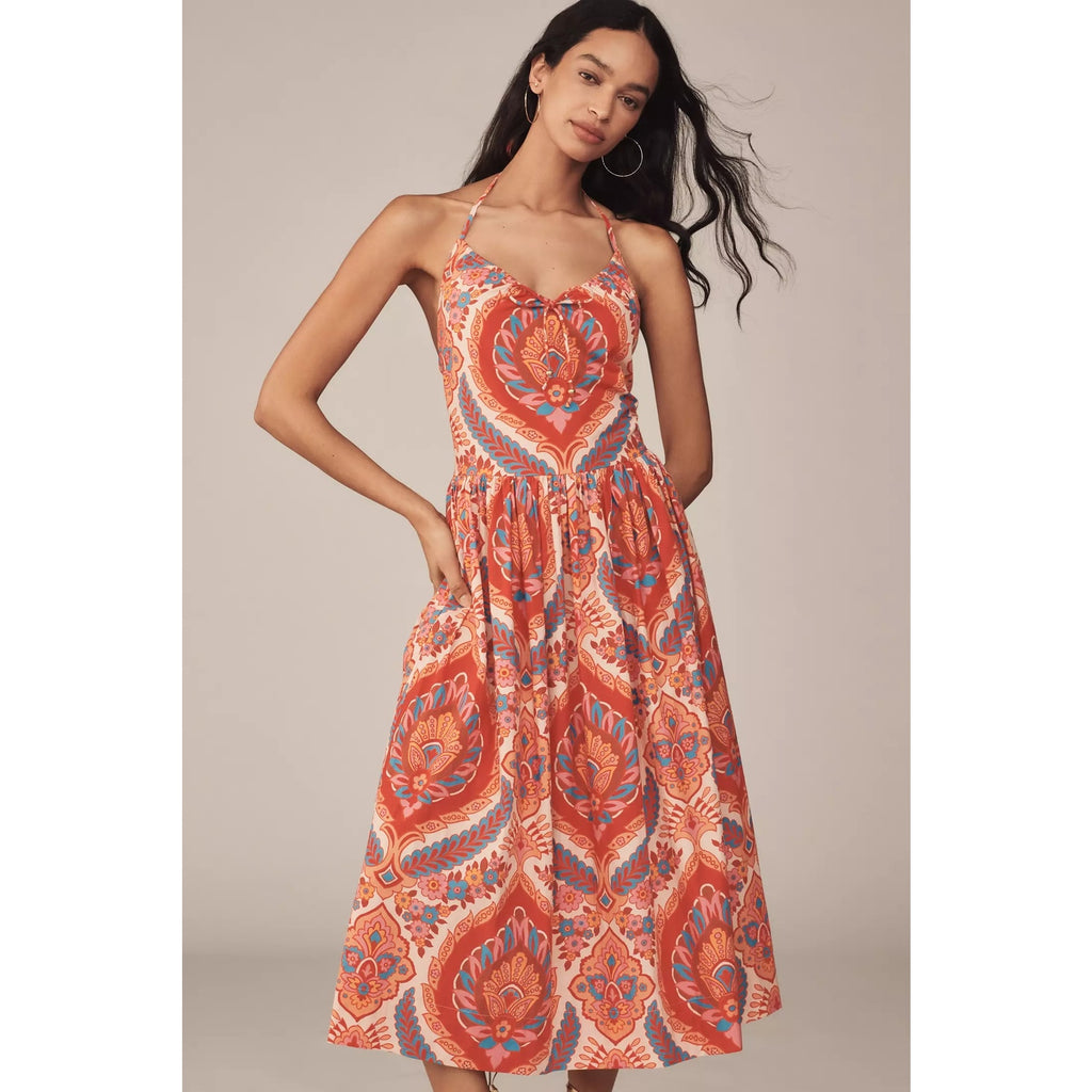 Anthropologie Love The Label Rita Halter A-Line Midi Dress LARGE Orange Anthropologie