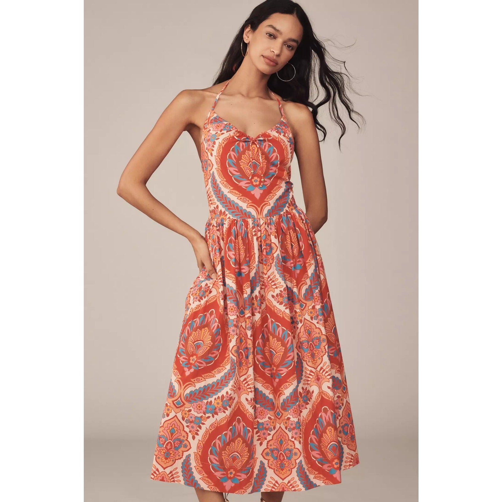 Anthropologie Love The Label Rita Halter A-Line Midi Dress LARGE Orange Anthropologie